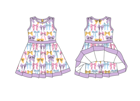 Preorder moq 8 Baby Girls Colorful Bows Back Zip Shorts Valentine Ruffle Knee Length Dresses