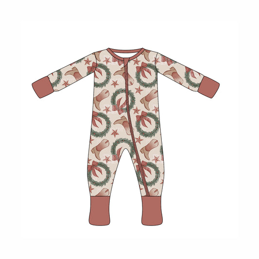 Preorder moq 10 Baby Kids Brown Long Sleeves Boots Stars Wreath Zipper Pant Rompers