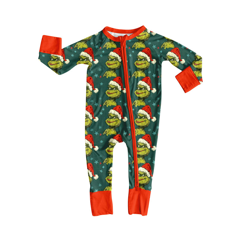 Preorder(moq 5)Baby Boys Green Face Stars Stripe Christmas Zipper Footie Rompers