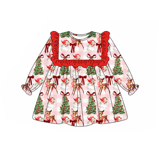 Preorder (moq 5)Baby Girls Red Plaid Long Ruffle Sleeves Santa Trees Deer Knee Length Dresses