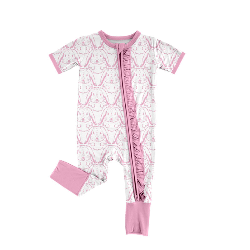 Preorder (moq 5) Baby Girls Pink Rabbits Plaid Easter Two Way Ruffle Zip Convertible Rompers