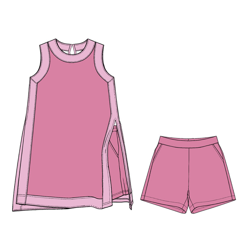 Preorder moq 5 Baby Girls Light Pink Split Tunic Pockets Short Clothes Sets