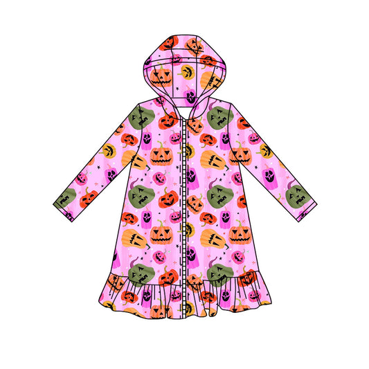 Preorder moq 5 Baby Girls Colorful Ghost Pumpkins Halloween Zip Ruffle Knee Length Dress