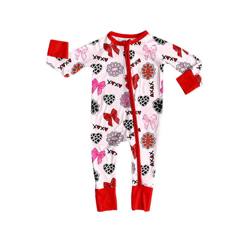 Preorder (moq 5)Baby Girls Bows Turquoises XOXO Hearts Valentine Zipper Footie Rompers