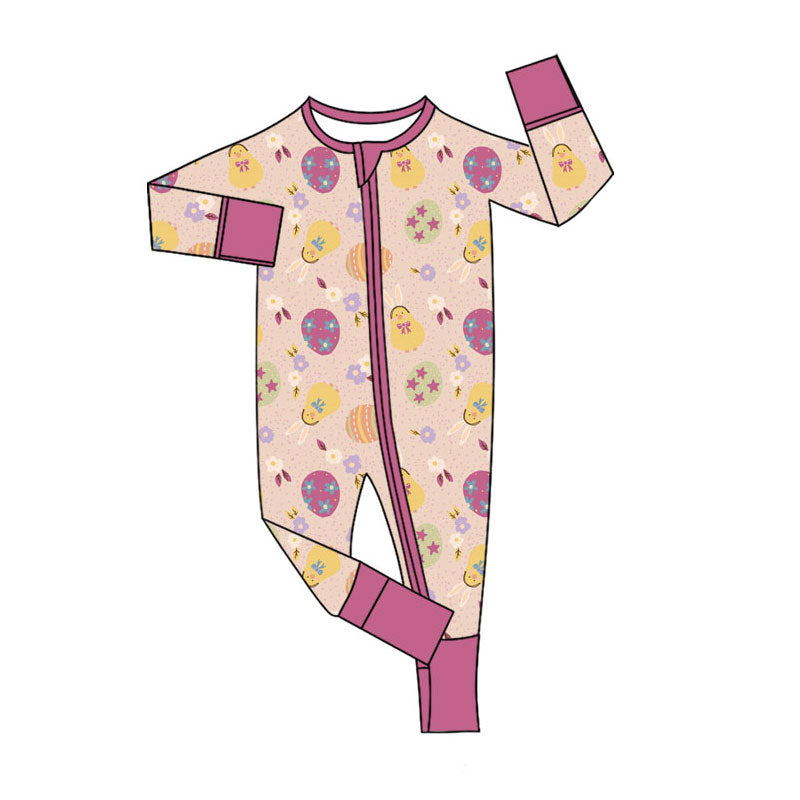 Preorder (moq 5)Baby Girls Long Sleeve Rabbit Chicks Flowers Easter Two Way Zipper Convertible Rompers