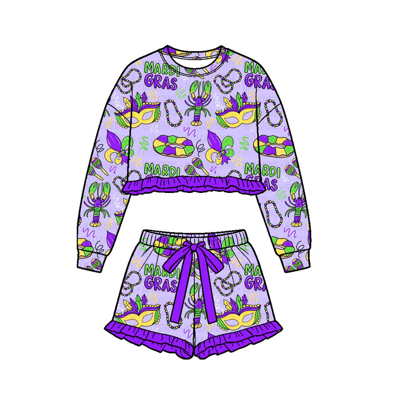 Preorder (moq 5) Girls’ Carnival Purple Bow & Mask Print Ruffle 2-Piece Set, Long-Sleeve Sweatshirt & Skirt