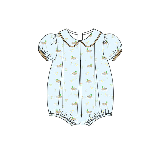 Preorder(moq 5)Baby Infant Girls Blue Short Ruffle Sleeves Ducks Floral Ruffle Rompers