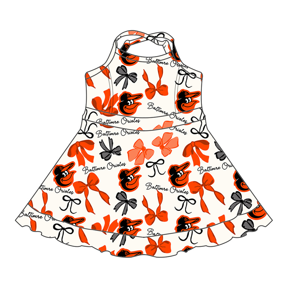Preorder (moq 5)Baby Girls Strap Orange Bows Plaid Baltimre Short Ruffle Team Knee Length Dresses