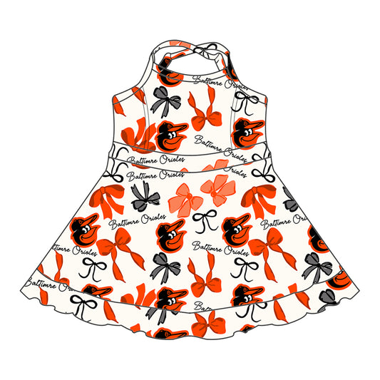 Preorder (moq 5)Baby Girls Strap Orange Bows Plaid Baltimre Short Ruffle Team Knee Length Dresses