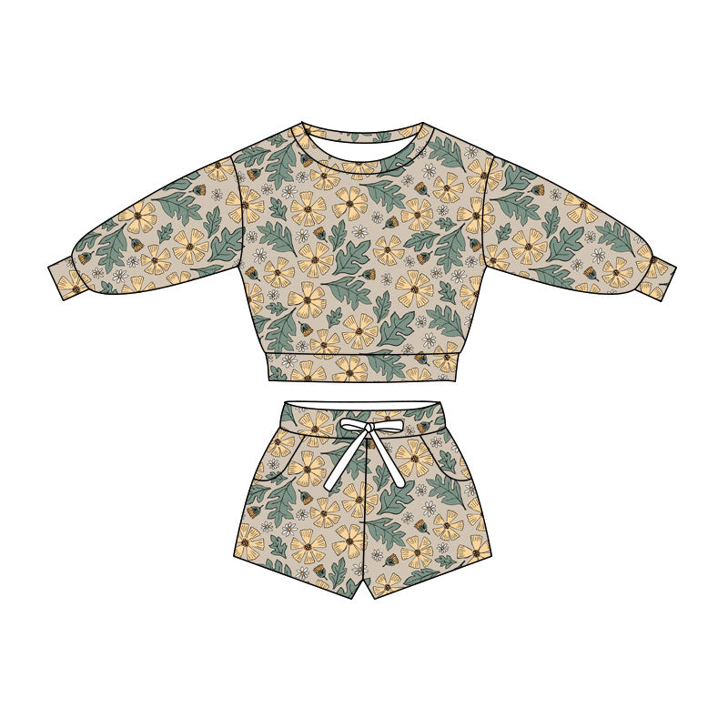 Preorder(moq 5) Baby Girls Daisy Flowers Long Sleeve Pockets Shorts Clothes Sets