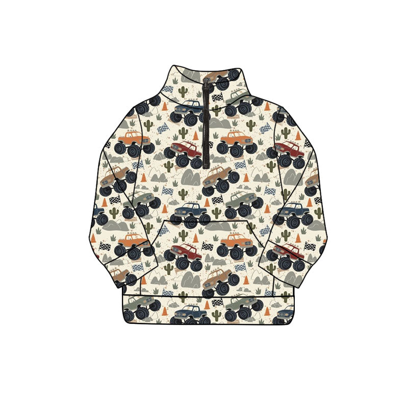 Preorder (moq 5)Baby Boys Long Sleeve Cactus Trucks Zip Pockets Western Pullovers Top
