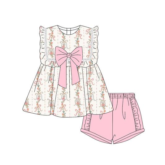 Preorder moq 5 Baby Girls Sleeveless Bows Floral Stripe Tunic Pink Ruffle Short Set
