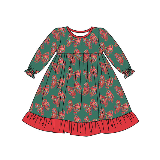 Preorder (moq 5)Baby Girls Green Long Ruffle Sleeves Red Plaid Bows Knee Length Dresses