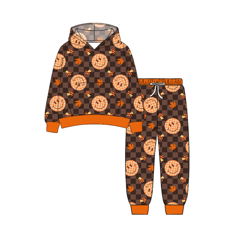 Preorder (moq 5)Baby Boys Long Sleeves Brown Plaid Smiles Leaves Pockets Hoodie Pant Clothes Set