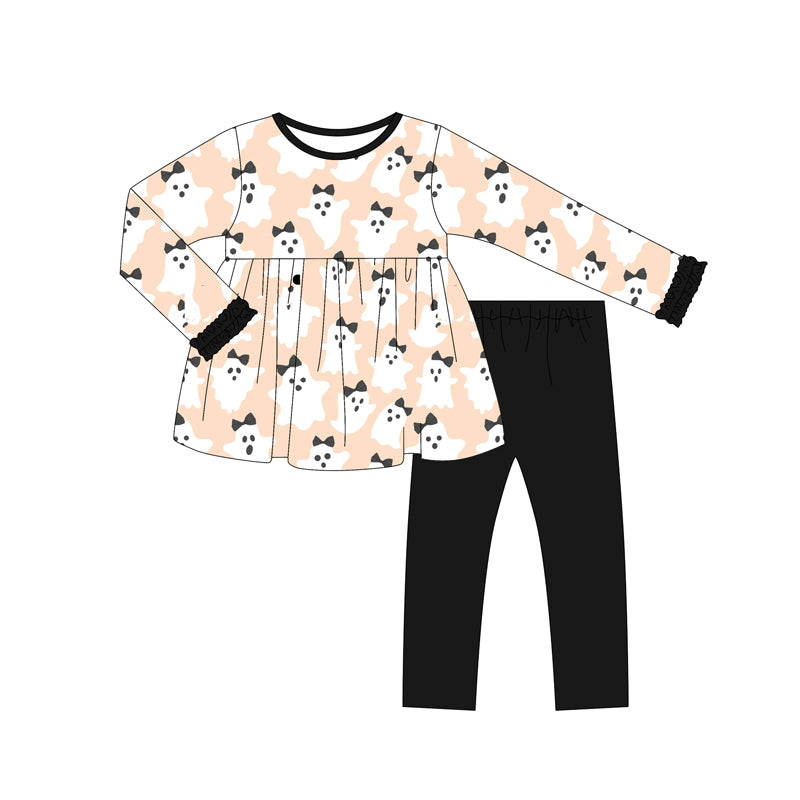 Preorder (moq 5)Baby Girls Long Sleeves Bows Ghosts Tunic Black Legging Pant Sets