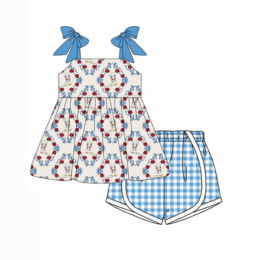 Preorder moq 5 Baby Girls Blue Strap Boots Floral Tunic Plaid Short Set