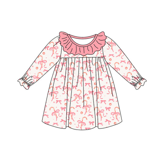 Preorder (moq 5)Baby Girls Long Ruffle Sleeves Pink Bows Candy Cane Knee Length Dresses