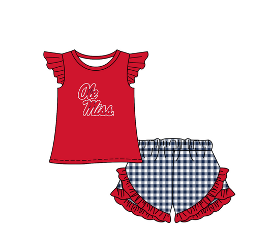 Preorder (moq 5)Baby Girls Ole Miss Top Checked Ruffle Short Team Clothes Set