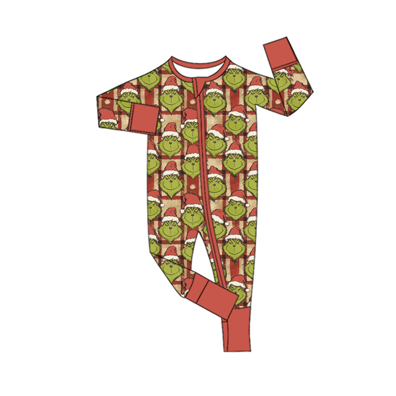 Preorder(moq 5)Baby Infant Boys Long Sleeves Green Face Plaid Christmas Zipper Rompers