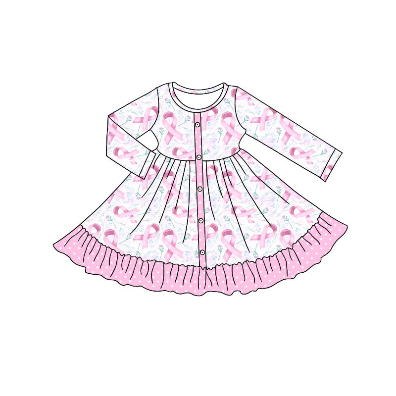 Preorder (moq 5)Baby Girls Pink Flower Bows Plaid Button Ruffle Knee Length Dresses