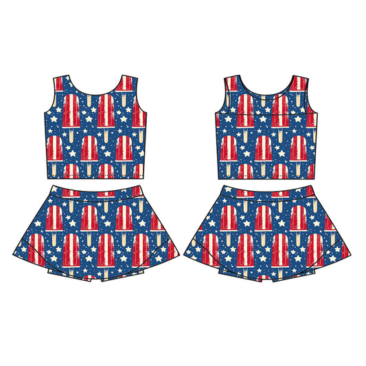 Preorder (moq 5)Baby Girls Hot Blue Sleeveless Stars Popsicle Top Skort Yoga Active 4th Of July Set