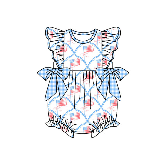Preorder moq 5 Baby Girls Flutter Sleeves Blue Plaid Bows Flags 4th Of July Ruffle Rompers