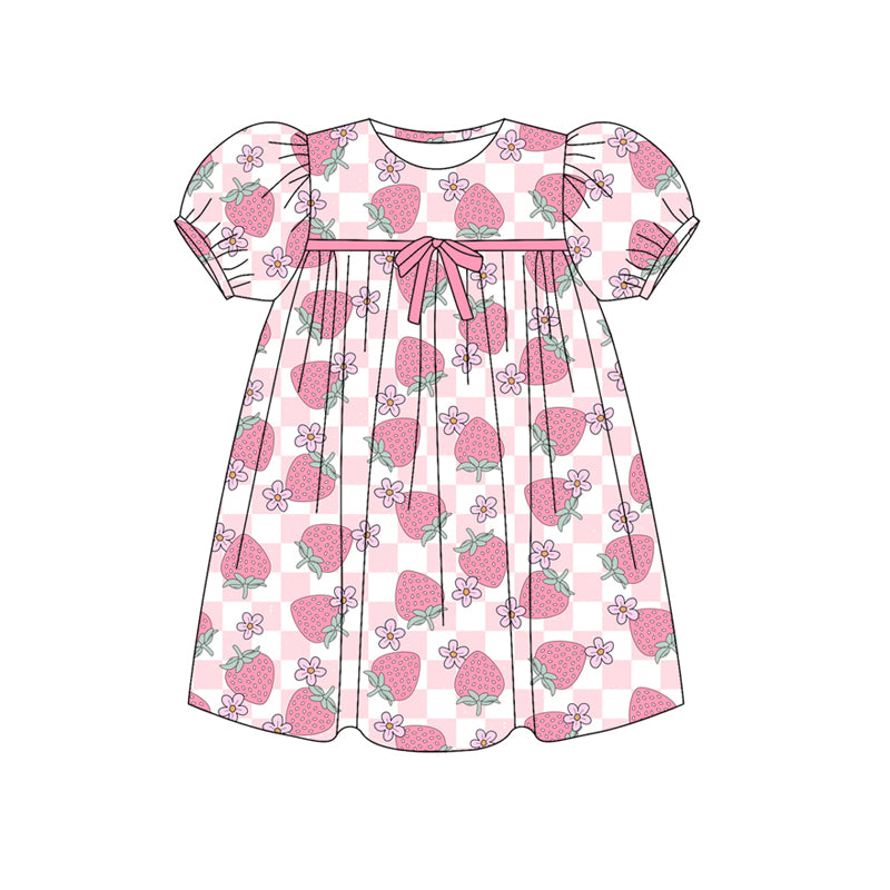 Preorder (moq 5)Baby Girls Short Ruffle Sleeves Pink Plaid Strawberry Flowers Knee Length Dresses