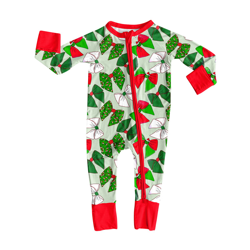 Preorder(moq 5)Baby Girls Red Green Bows Plaid Zipper Pant Rompers