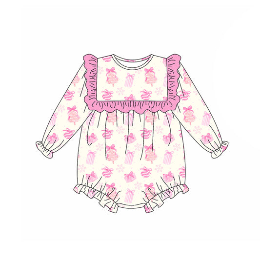 Preorder (moq 5)Baby Girls Long Sleeves Pink Bows Gifts Ruffle Rompers