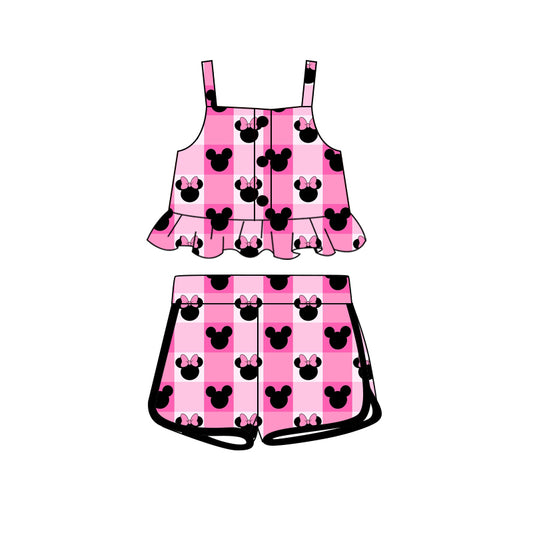 Preorder (moq 5)Baby Girls Cartoon Mouse Checkered Straps Top Shorts Clothes Sets