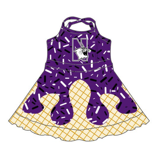 Preorder (moq 5)Baby Girls Strap Purple N Drip Shorts Ruffle Team Knee Length Dresses