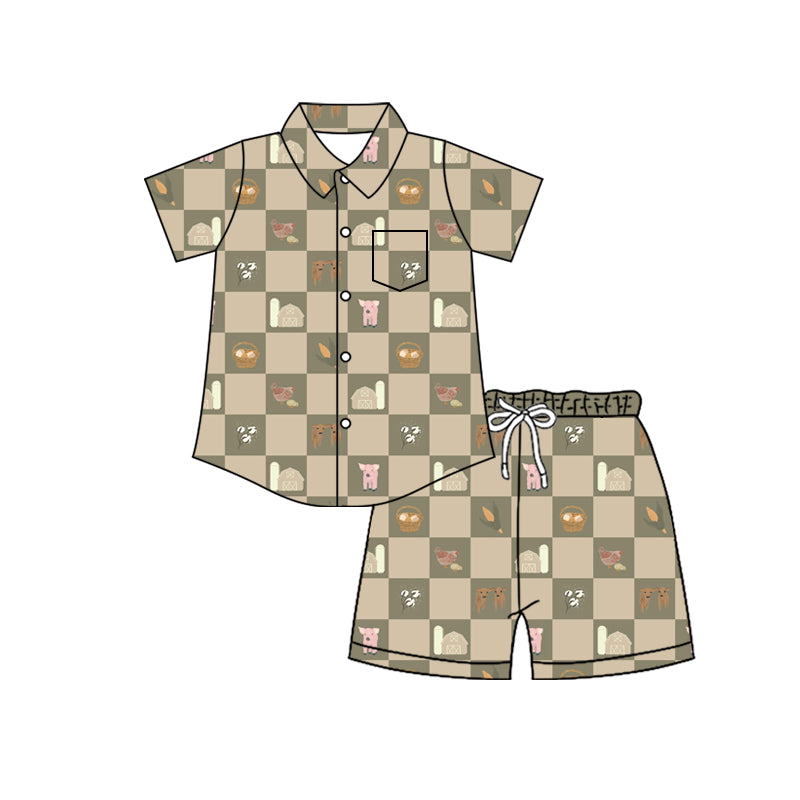 Preorder (moq 5)Baby Boys Pigs House Button Pocket Top Short Farm Clothes Sets