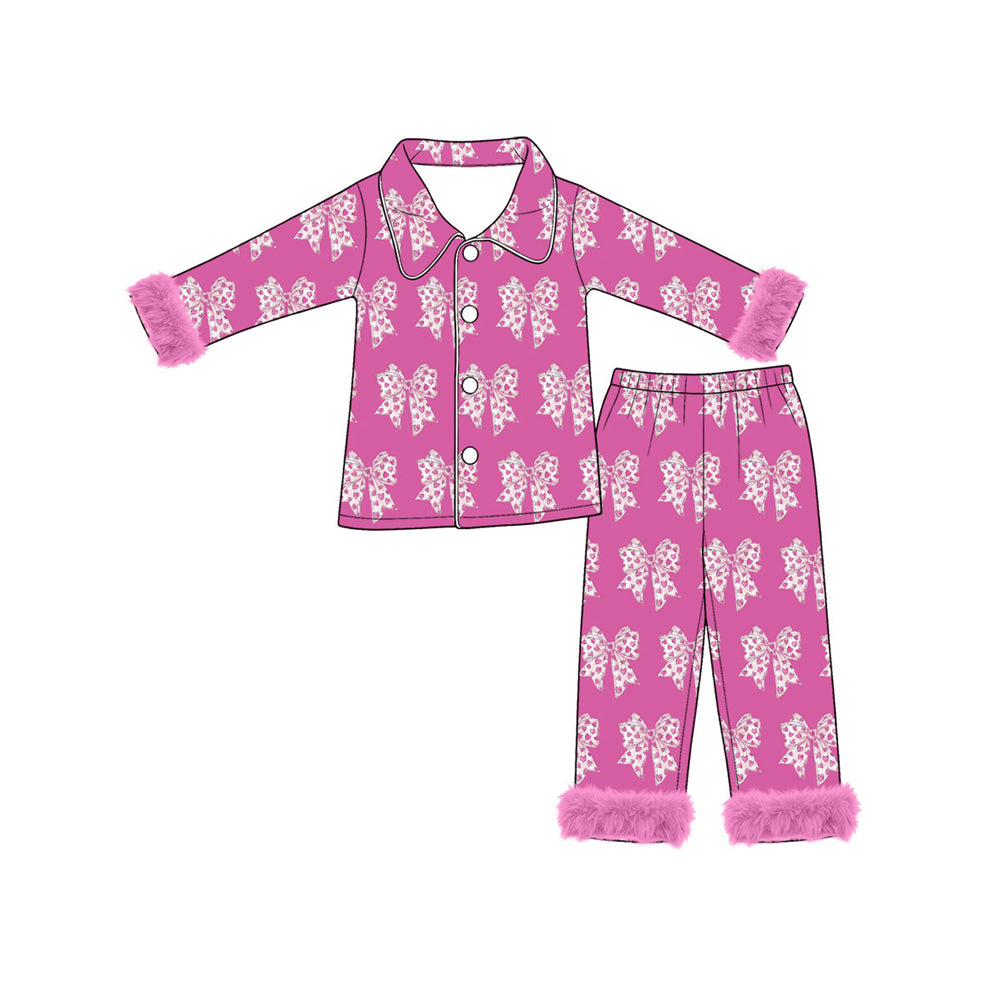 Preorder (moq5) Baby Girls Hearts Bows Button Top Pant Valentines Fur Sleeves Pajamas Set
