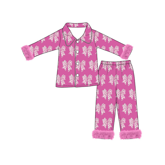 Preorder (moq5) Baby Girls Hearts Bows Button Top Pant Valentines Fur Sleeves Pajamas Set