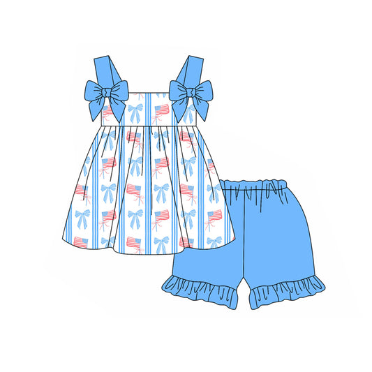 Preorder moq 5 Baby Girls Blue Strap Bows Flags Tunic Ruffle Short 4th Of July Set