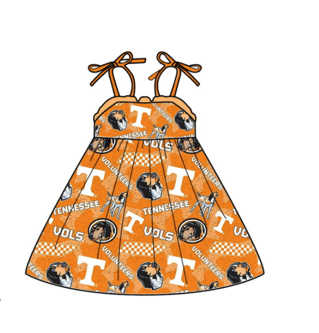 Preorder (moq 5)Baby Girls Orange Strap T Vols Dogs Team Knee Length Dresses