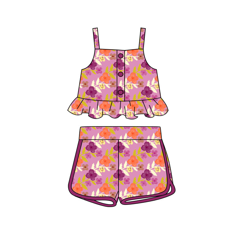 Preorder (moq 5)Baby Girls Maroon Flowers Leaves Straps Top Shorts Clothes Sets