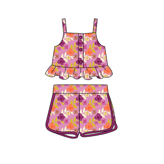 Preorder (moq 5)Baby Girls Maroon Flowers Leaves Straps Top Shorts Clothes Sets