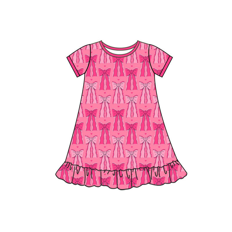 Preorder(moq 5) Baby Girls Short Sleeve Hot Pink Hearts Bows Valentine Ruffle Knee Length Dresses