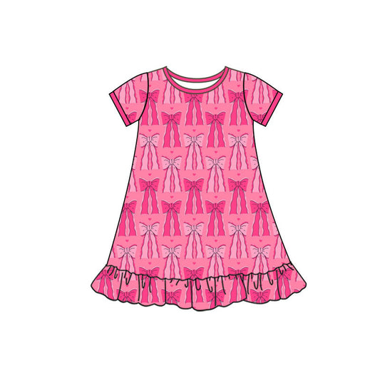Preorder(moq 5) Baby Girls Short Sleeve Hot Pink Hearts Bows Valentine Ruffle Knee Length Dresses
