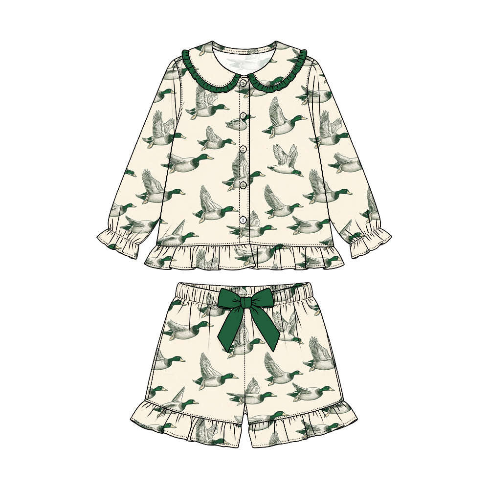 Preorder (moq 5) Baby Girl Clothes Green Tone Mallard Duck Allover Print Long Sleeve Button Shorts Pajama Set