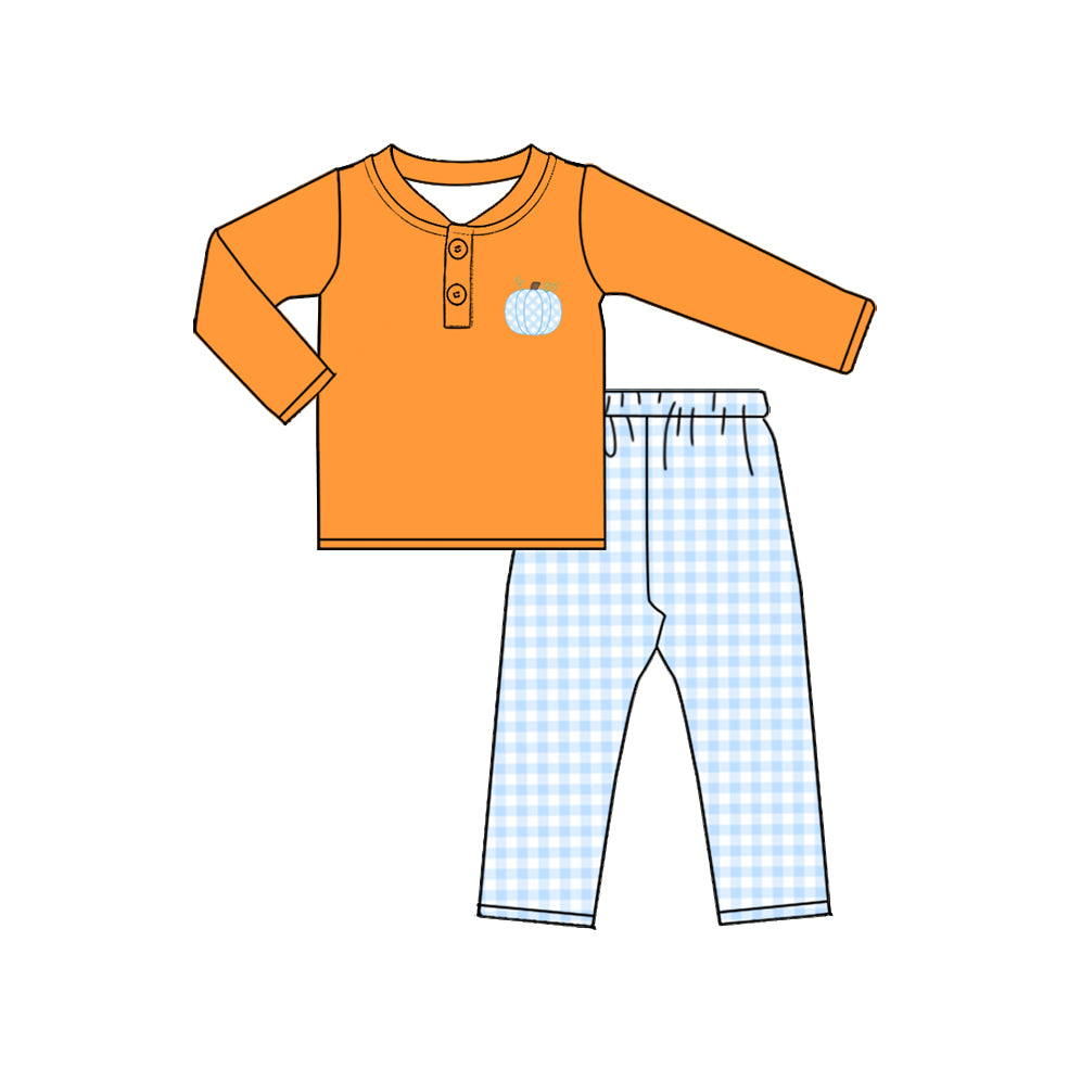 Preorder (moq 5)Baby Boys Pumpkins Button Top Checked Pant Fall Clothes Sets
