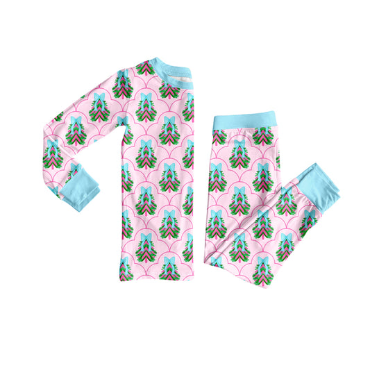 Preorder (moq 5)Baby Girls Long Sleeves Pink Trees Plaid Top Pant Pajamas Set