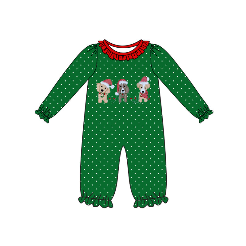 Preorder(moq 5)Baby Infant Girls Green Polka Dots Dogs Ruffle Pants Christmas Rompers