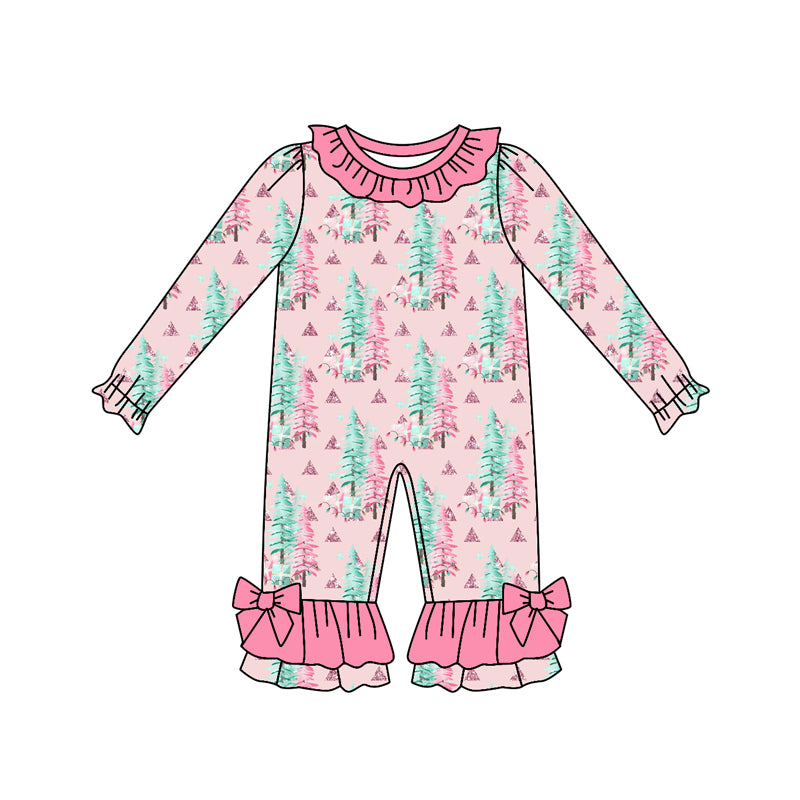 Preorder (moq 5)Baby Girls Pink Long Sleeves Trees Plaid Ruffle Pant Rompers
