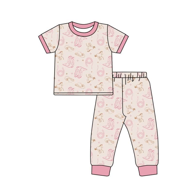 Preorder (moq 5)Baby Girls Pink Short Sleeves Horse Boots Top Pant Pajamas Set