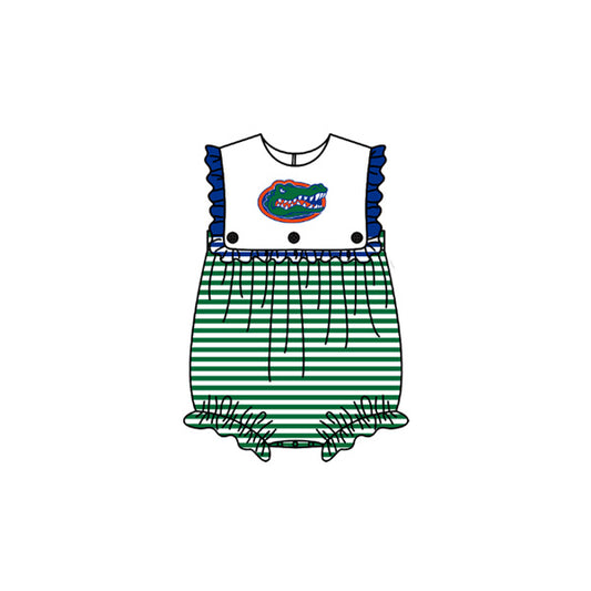 Preorder (moq 5)Baby Girls Sleeveless Green Stripe Crocodiles Team Ruffle Rompers