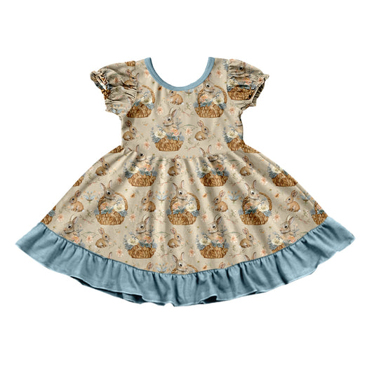 Preorder (moq 5) Baby Girl Clothes Easter Bunny Flower Basket Vintage Mixed Print Short Sleeve Ruffle Twirl Dress