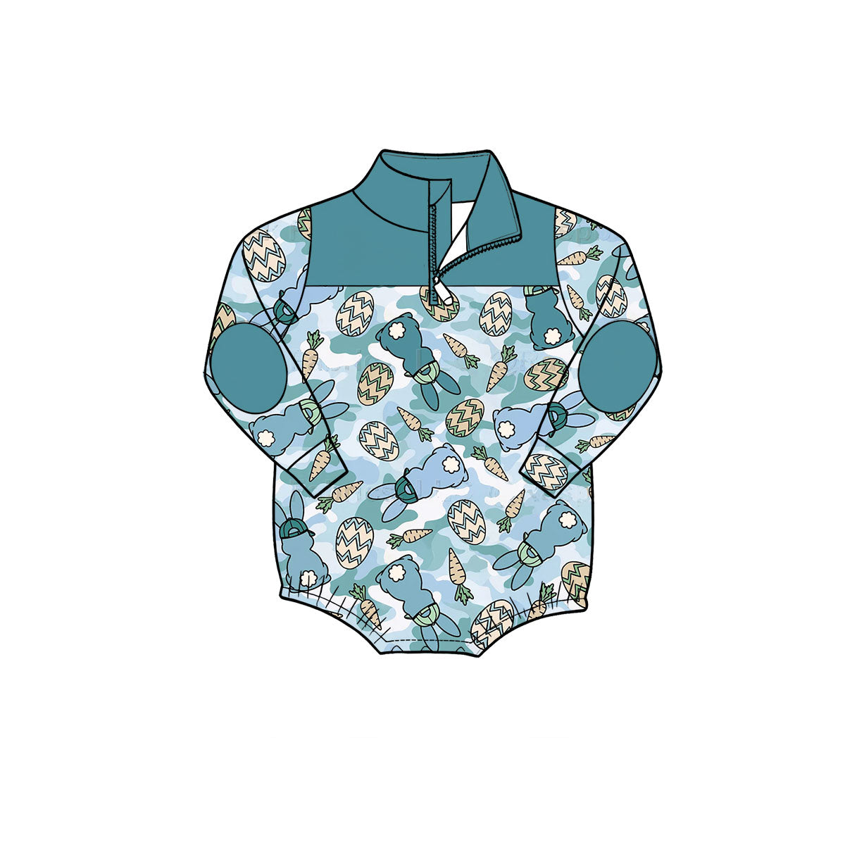 Preorder(moq5) Baby Clothes High-Quality Easter Bunny Print Long Sleeve Half Zip Romper