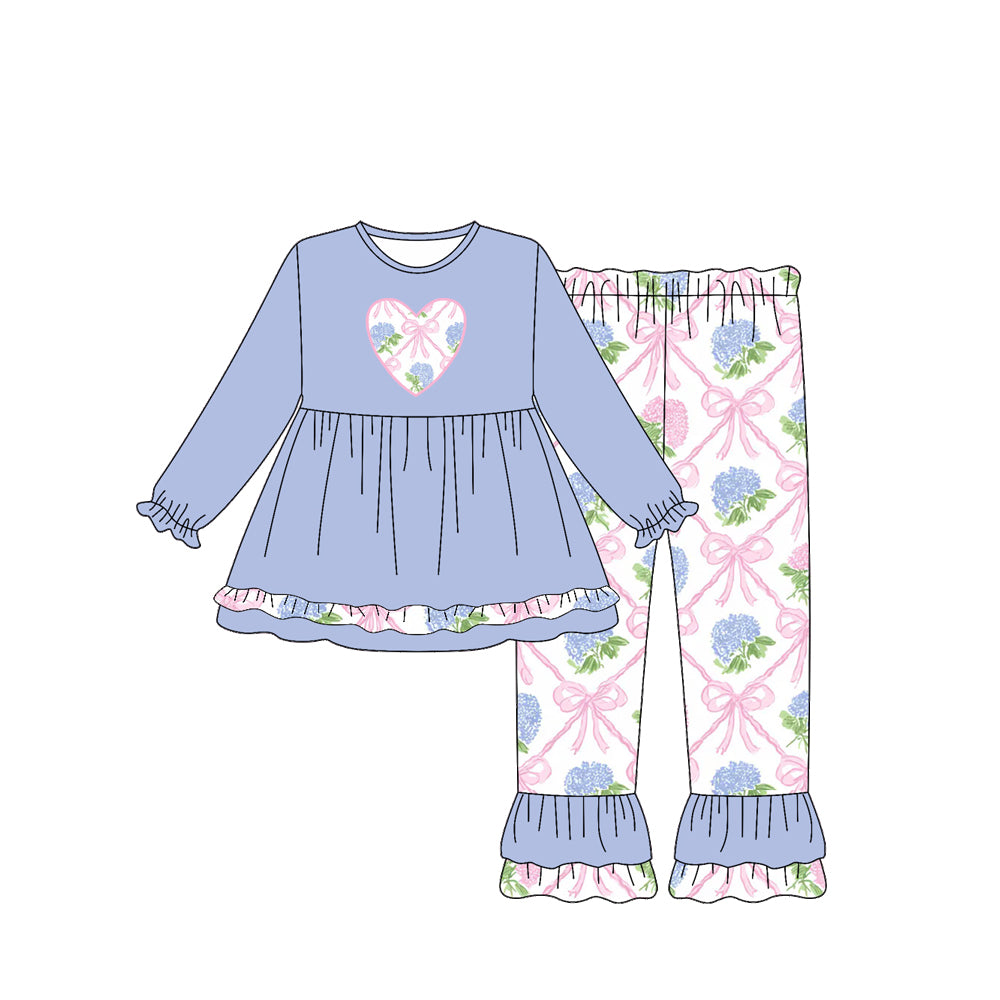 Preorder (moq 5)Baby Girls Lavender Long Ruffle Sleeves Flowers Bows Hearts Tunic Pants Set